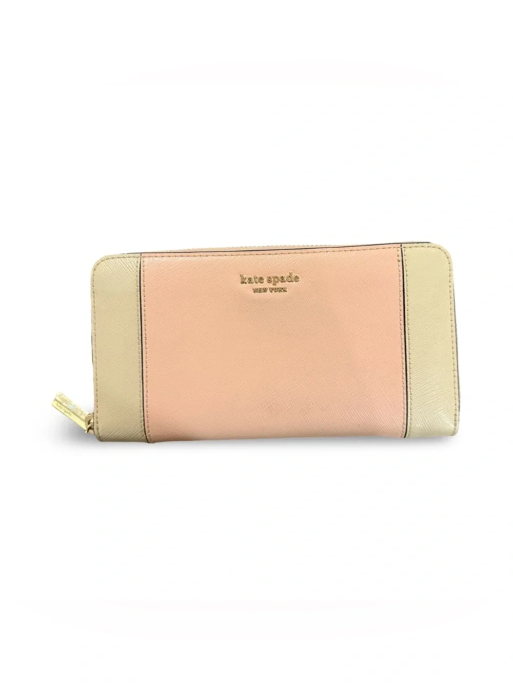 Kate Spade Spencer Zip Around Wallet Colorblock Saffiano Leather Blush Beige